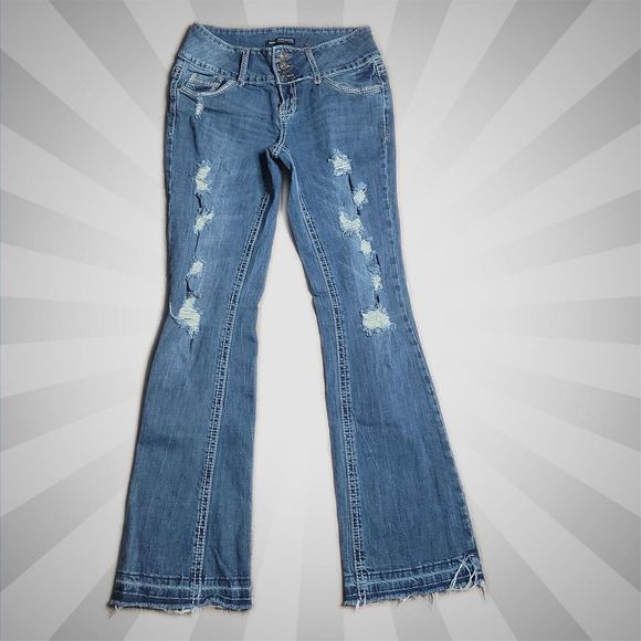 Twentyone Black Distressed Blue Jeans ~ Sz 9/10 ~ Classic Boot Flex ~ 31" Inseam - Picture 1 of 7